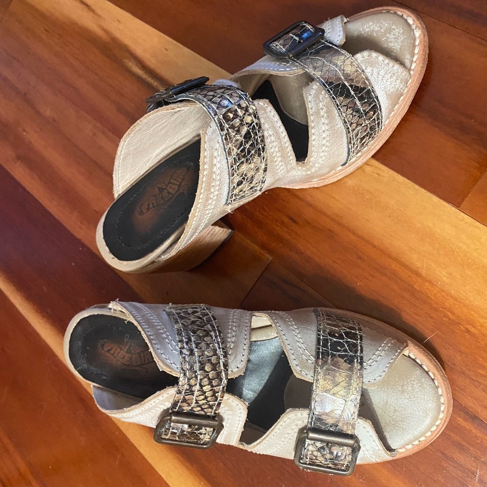 Freebird by Steven Cream and Black Mules with Woven Straps